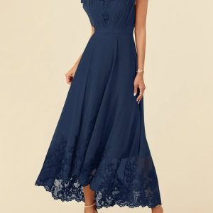 Women Plain V Neck Short Sleeve Comfy Casual Lace Maxi Dress, Dresses, color:Purplish blue|size:XXL, Noracora