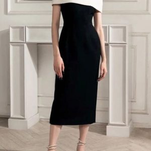 Crew Neck Regular Fit Color Block Dress, Maxi Dresses, color:Black|size:XXL, Stylewe