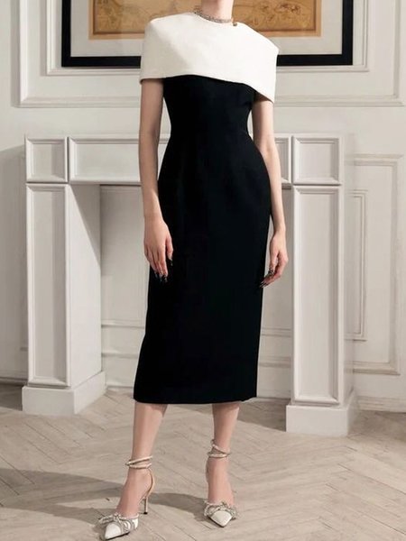 Crew Neck Regular Fit Color Block Dress, Maxi Dresses, color:Black|size:XXL, Stylewe