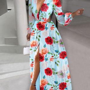 Floral Print Plunge Cutout Slit Maxi Dress, Maxi Dresses, chicme - Women's Fashion Online