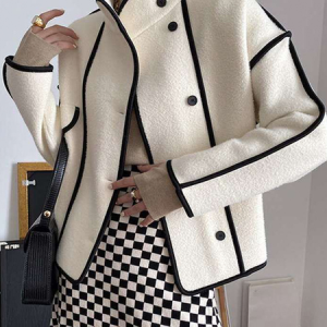 Plus Size Urban Color Block Stand Collar Loose Jacket, Plus Outerwear, color:White|size:4X, Stylewe
