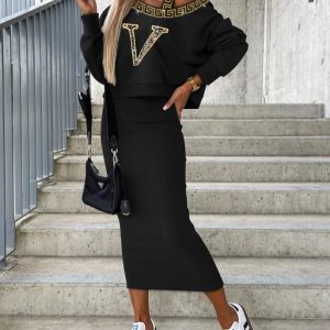Rhinestone Geometric Letter Pattern Top & Sleeveless Dress Set, Two-piece Sets, chicme - Women's Fashion Online