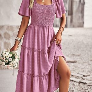 Women Plain Square Neck Short Sleeve Comfy Casual Midi Dress, Dresses, color:Purple|size:XL, Noracora