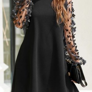 Women Plain Crew Neck Long Sleeve Comfy Casual Mesh Short Dress, Dresses, color:Black|size:XXL, Noracora