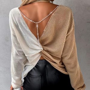 Colorblock Backless Twisted Waffle Knit Top, Blouses & Shirts, chicme - Women's Fashion Online