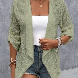 Eyelet Embroidery Roll Up Sleeve Open Front Coat, Jackets & Coats, chicme - Women's Fashion Online