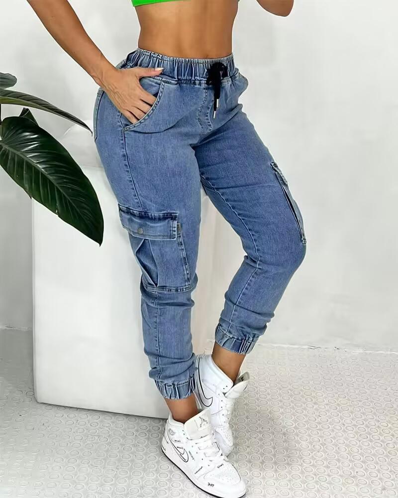 Pocket Design Drawstring Cuffed Jeans, Jeans, chicme - Women's Fashion Online