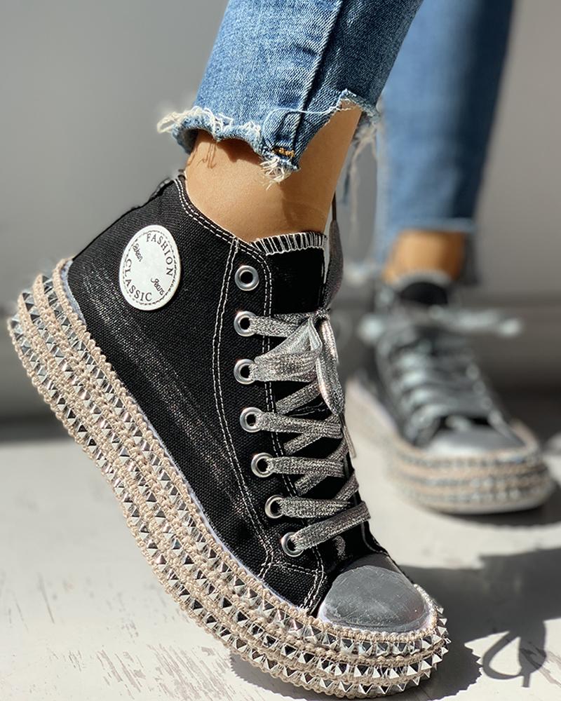 Leopard Print Studded Decor Eyelet Lace-up Sneakers, Sneakers, chicme - Women's Fashion Online