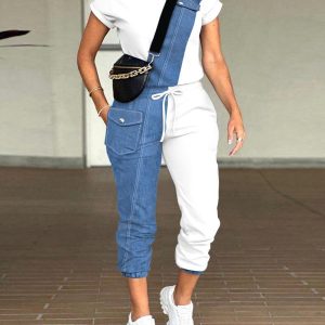 Colorblock Denim Look Print Top & Drawstring Pants Set, Two-piece Sets, chicme - Women's Fashion Online