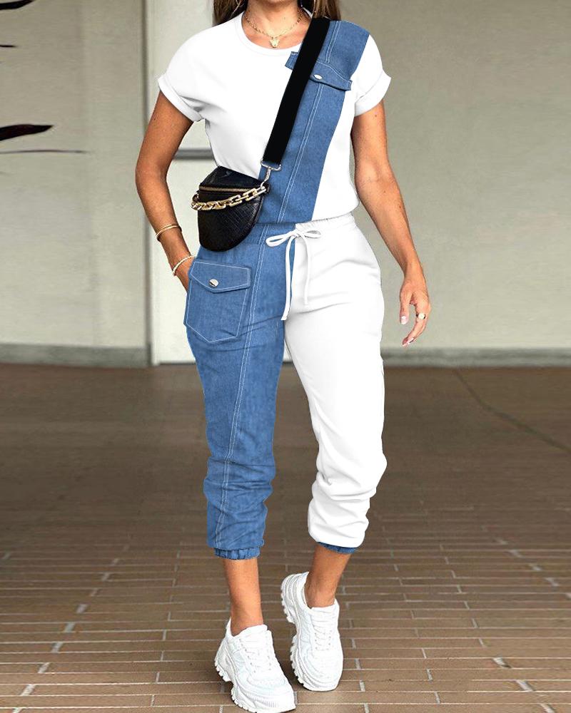 Colorblock Denim Look Print Top & Drawstring Pants Set, Two-piece Sets, chicme - Women's Fashion Online