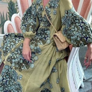 Vacation V Neck Loose Floral Maxi Dress, Maxi Dresses, color:Green|size:XXL, Stylewe