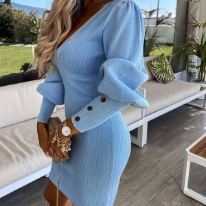 Button Decor Deep V-Neck Gigot Sleeve Mini Dress Slim Fit Knit Dress, women Bodycon Dresses, ChicMe catalog