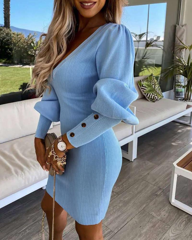 Button Decor Deep V-Neck Gigot Sleeve Mini Dress Slim Fit Knit Dress, women Bodycon Dresses, ChicMe catalog