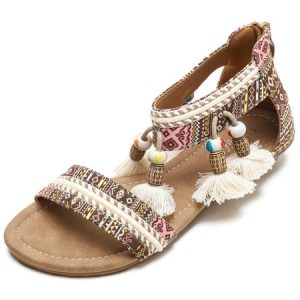 Boho Ethnic Slip On Flat Heel Ankle Strap Sandals Tassel, Sandals, color:Brown|size:42, Noracora