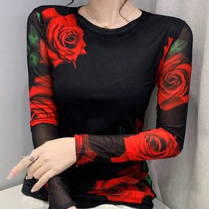 Elegant Crew Neck Floral Long Sleeve Tight T-Shirt, Tees, color:Red|size:XXL, Stylewe