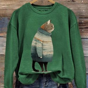 Casual Cat Loose Knitted Raglan Sleeve Sweatshirt, Hoodies&Sweatshirts, Lilicloth.com