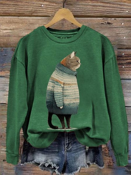 Casual Cat Loose Knitted Raglan Sleeve Sweatshirt, Hoodies&Sweatshirts, Lilicloth.com