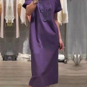 Daily Loose Plain Casual Crew Neck Short Sleeve Dress, Midi Dresses, color:Purple|size:XXL, Stylewe