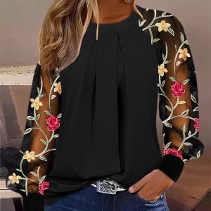 Floral Embroidery Ruched Sheer Mesh Patch Top, Blouses & Shirts, chicme - Women's Fashion Online