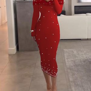 Off Shoulder Long Sleeve Beaded Midi Dress, Midi Dresses, chicme - Women's Fashion Online