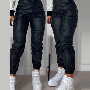 Pocket Design Cuffed PU Leather Pants, Pants, chicme - Women's Fashion Online