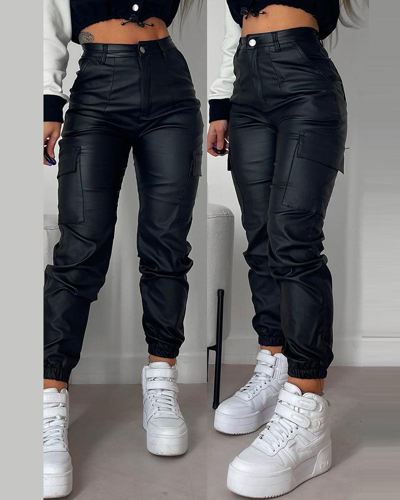 Pocket Design Cuffed PU Leather Pants, Pants, chicme - Women's Fashion Online