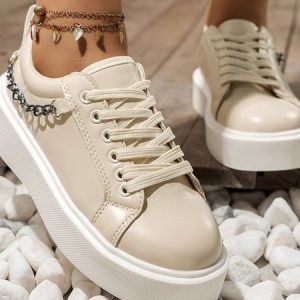 Casual Plain Lace-Up Flat Heel Skate Shoes Glitter, Sneakers&Athletic, color:Apricot|size:43, Noracora