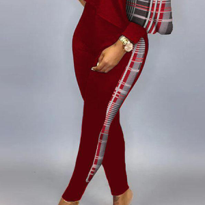 High Elasticity Tight Casual Plaid Casual Long Pants, Pants, color:Wine Red|size:XXL, Stylewe