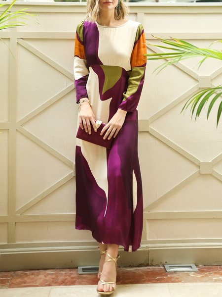 Elegant Crew Neck Abstract : Long Sleeve Dress, Maxi Dresses, color:Multicolor|size:XXL, Stylewe