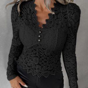 Crochet Lace Buttoned Asymmetrical Trim Top, T-shirt & Tees, chicme - Women's Fashion Online