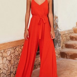 Women Gallus Spaghetti Loose Long Daily Casual Plain Natural Jumpsuit, Jumpsuits&Rompers, color:Orange|size:XXL, Noracora