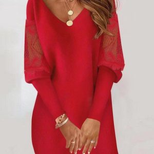 Women Plain V Neck Long Sleeve Comfy Casual Lace Midi Dress, Dresses, color:Red|size:XXL, Noracora