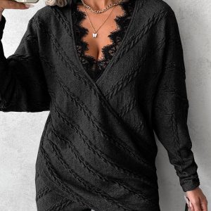 Lace Trim Overlap Textured Top, T-shirt & Tees, chicme - Women's Fashion Online