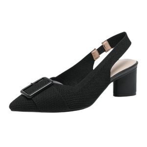 Breathable Mesh Fabric Buckle Decor Chunky Heel Slingback Pumps, Heels, color:Black|size:43, Stylewe