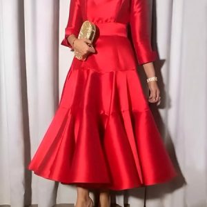 Elegant Boat Neck Plain Regular Fit Midi Dress, Maxi Dresses, color:Red|size:XXL, Stylewe