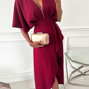 Women Plain V Neck Short Sleeve Comfy Casual Midi Dress, Dresses, color:Red|size:XL, Noracora