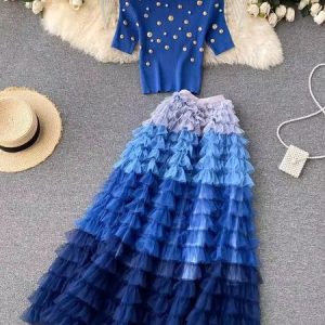 Women Plain Crew Neck Short Sleeve Comfy Casual Beaded Top With Skirt Two-Piece Set, Sets, color:Blue|size:XL, Noracora
