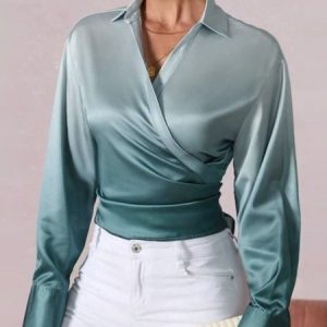 Long Sleeve Urban Satin Ombre Regular Fit Blouse, Blouses and Shirts, color:Green|size:XXL, Stylewe
