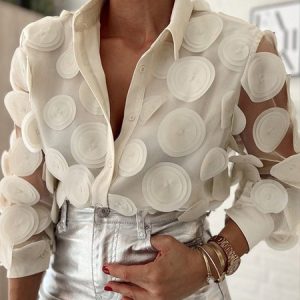 Plus Size Shirt Collar Urban Plain 3D Floral  Regular Fit Blouse, Plus Tops, color:Off White|size:4X, Stylewe