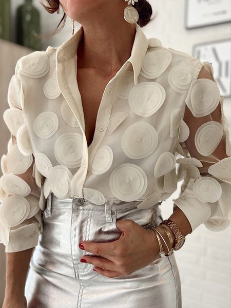 Plus Size Shirt Collar Urban Plain 3D Floral Regular Fit Blouse, Plus Tops, color:Off White|size:4X, Stylewe