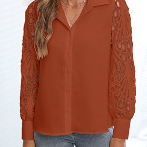 Shirt Collar Long Sleeve Plain Lace Regular Loose Blouse For Women, Blouses, color:Light Brown|size:XXL, Noracora