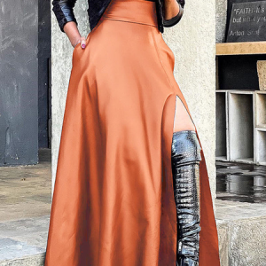 PU Urban Loose Plain Pu Faux Leather Maxi Skirt, Skirts, color:Orange|size:XXL, Stylewe