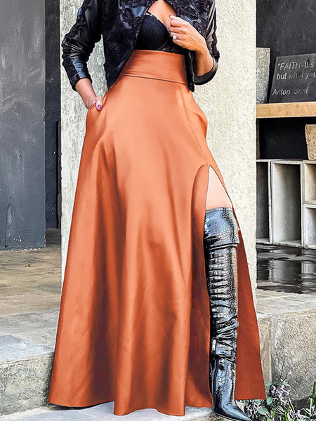 PU Urban Loose Plain Pu Faux Leather Maxi Skirt, Skirts, color:Orange|size:XXL, Stylewe