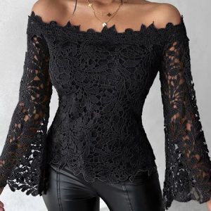 Boat Neck Long Sleeve Plain Regular Micro-Elasticity Loose Shirt For Women, Blouses, color:Black|size:XXL, Noracora