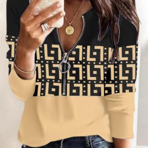 Colorblock Geometric Print Long Sleeve Top, T-shirt & Tees, chicme - Women's Fashion Online