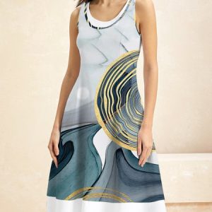 Women Abstract Crew Neck Short Sleeve Comfy Boho Midi Dress, Dresses, color:Blue|size:XXL, Noracora