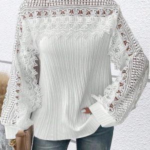 Boat Neck Long Sleeve Plain Lace Regular Loose Shirt For Women, Blouses, color:White|size:XXL, Noracora