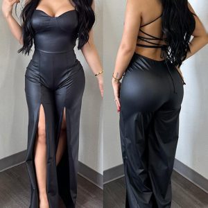 Tied Detail Backless Slit PU Leather Jumpsuit, Jumpsuits, chicme - Women's Fashion Online