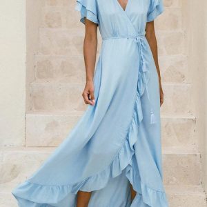 Women Plain V Neck Short Sleeve Comfy Casual Maxi Dress, Dresses, color:Blue|size:XL, Noracora