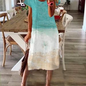 Casual Scoop Neckline Short Sleeve Knitting Dress, Midi, color:Light Blue|size:XXL, Noracora